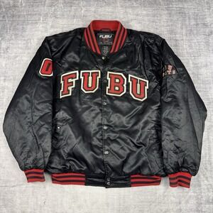 FUBU Jacket Mens XL Black Satin Bomber Vintage Y2K Sports 05 Hip Hop Snap